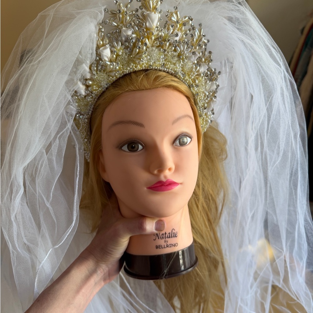 Vintage White and Gold Beaded Bridal Headband - Picture 10 of 11
